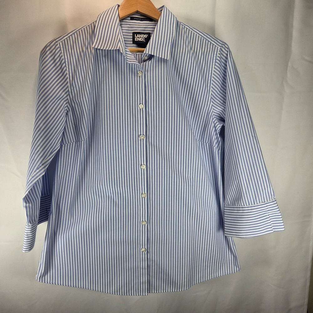 Lands' End Womens Preppy Sz 8 Top Wrinkle Free Classic Broadcloth 3/4 Sleeve